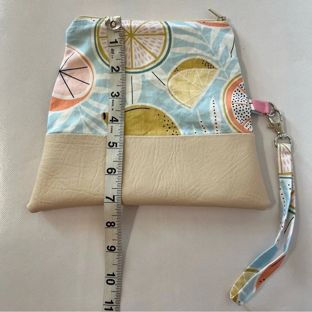 Handmade Fold Over Mini Clutch Wristlet Bag Fruit Fabric Faux Leather
